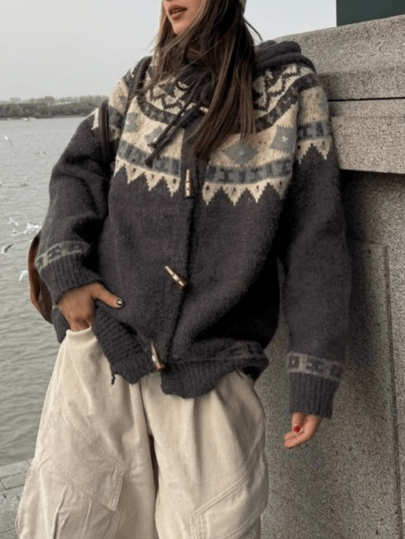 Geometric Pattern Horn Button Long Sleeve Hooded Cardigan, High-Quality Casual Comfortable Tops, Warm Women Clothing For Autumn/Winter Fall