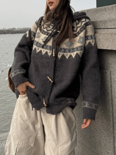 Geometric Pattern Cow Horn Button Long Sleeve Hooded Knitted Sweater Cardigan Daily Casual Cozy High Quality Tops Fashion Fall/Winter Warm Clothes For Women