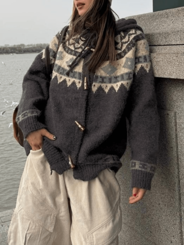 Geometric Pattern Horn Button Long Sleeve Hooded Cardigan, High-Quality Casual Comfortable Tops, Fashionable Warm Women Clothing For Autumn/Winter
