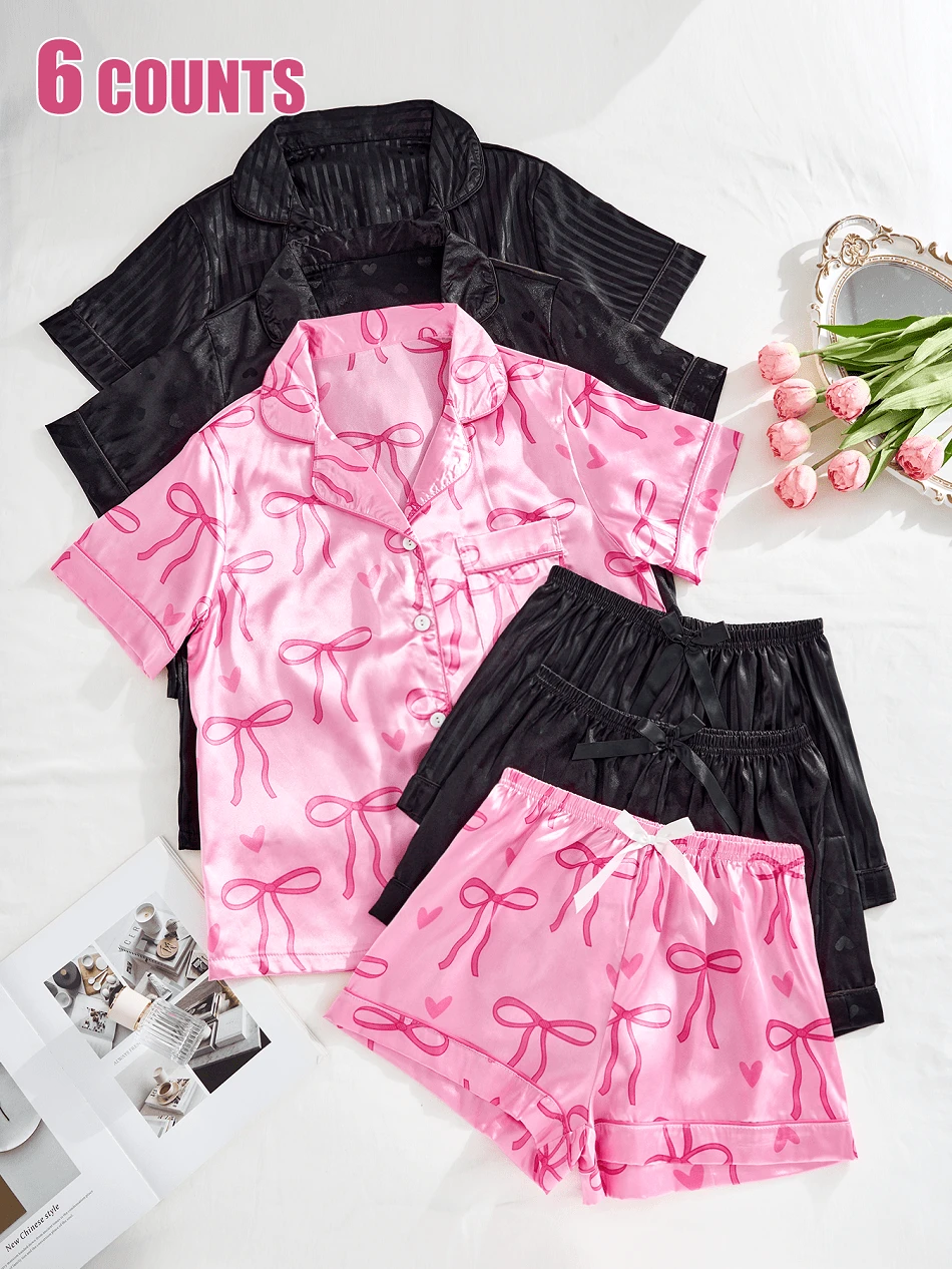 SHARICCA 6pcs Satin Pajama Set For Women, Elegant Print Sleepwear, Lapel Collar Button Front Short Sleeve Shirt And Bowknot Shorts, Soft Comfortable Casual Loungewear - 設定-2 - 查看 1