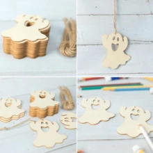 10/20/30pcs Wooden Ghost Shape DIY Crafts - With 10m Long Rope, Unfinished Wood Cutouts Suitable For Painting, Graffiti Art, Halloween Hanging Decor - Apricot - View 4