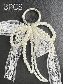 Y2K Cute Minimalist Fashion Beaded Faux Pearl Bow, Bow Ribbon, Multi-Functional DIY Keychain/Bag Charm Set, Suitable For Couples, Women, Girls And Best Friends For Daily Wear. An Ideal Gift For Holidays And Valentine's Day. - White - View 12
