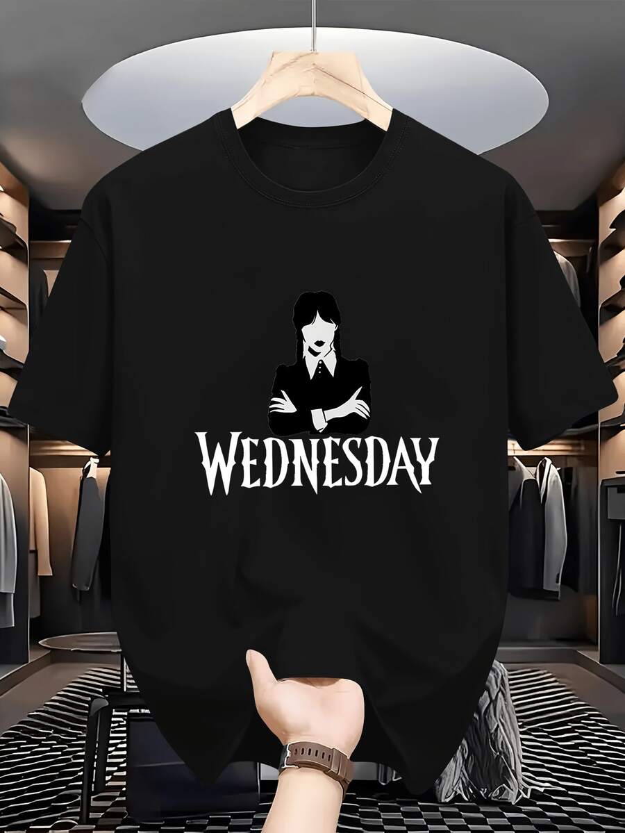 Men'S Casual "Wednesday" Graphic T-Shirt - Short Sleeve, Crew Neck, Lightweight Polyester, Summer Fashion Tee With Bold Print Design, Everyday Tshirt | Bold Print Tee | Lightweight Fabric - Black - View 1