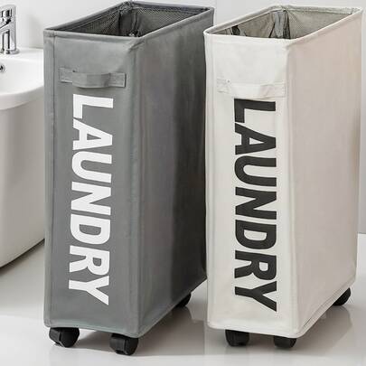 CASEGRACE 1pc Oxford Fabric Ultra-Thin Laundry Storage Basket With Wheels, Vertical Corner Storage Basket, Waterproof Dirty Clothes Basket, Yoga Mat Storage Basket, Suitable For Narrow Space Storage