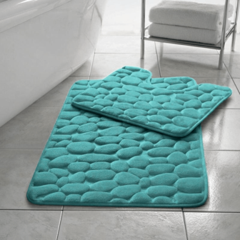 Memory Foam Non Slip Bath Mat Set 2 Piece Rubber Pedestal Toilet Bathroom Rug Retro Aqua Grey
