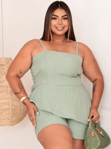 Plus Size Set With Shorts And Strappy Top – Casual Women's Fashion