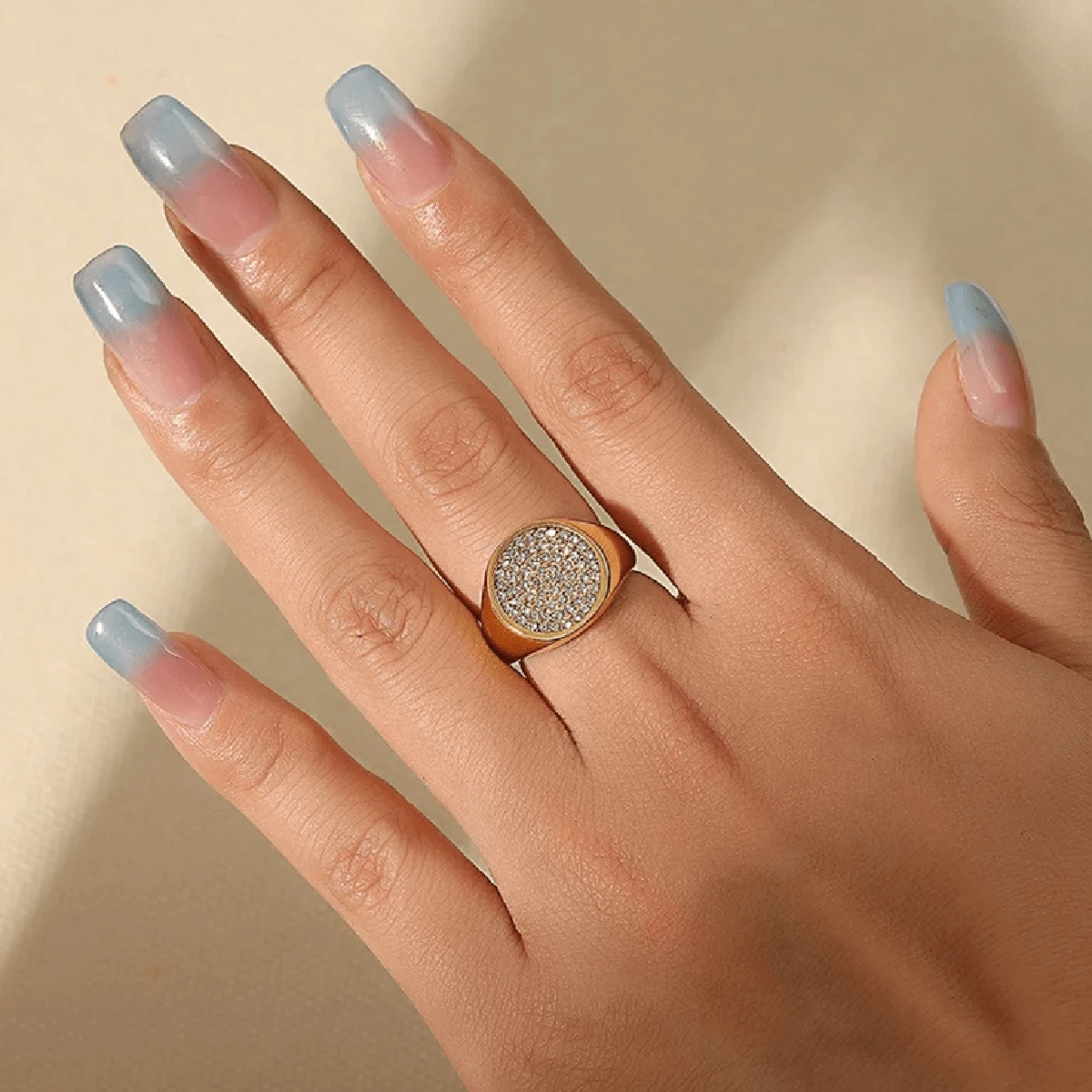 VKHK 1 件奢华 18K 镀金不锈钢闪亮锆石装饰单戒指，适合女性日常和婚礼佩戴，礼物 - 鑽戒 - 查看 1