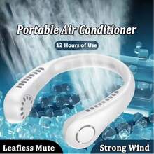 Ventilador montado en el cuello con pantalla digital, ventilador eléctrico sin aspas, ventilador con banda para el cuello, mini enfriador de aire portátil, ventilador eléctrico recargable por USB - Blanco - Ver 2