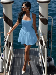 全白露背街头性感露背连衣裙度假A字下摆修身荷叶边下摆连衣裙 - 藍色 - 查看 7