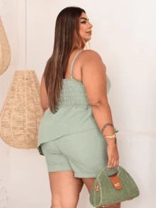 Plus Size Set With Shorts And Strappy Top – Casual Women's Fashion