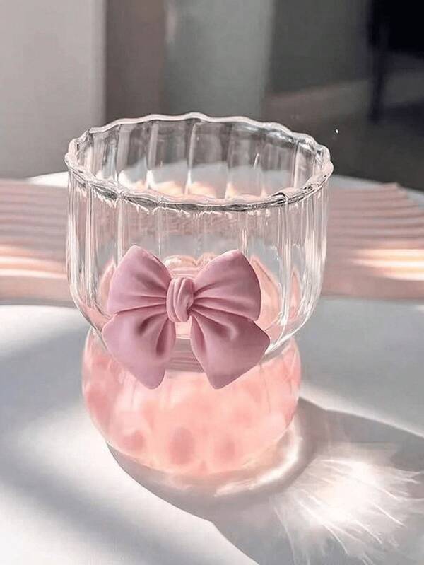 1 pieza Taza de vidrio borosilicato resistente al calor con lazo rosa, taza gruesa para té/café con rayas verticales lindas