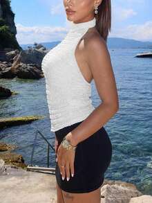 Women's Summer Party Casual Halter Bubble Fabric Solid Color Slim Fit Tops, Summer - White - View 5