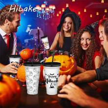 24-Pack Halloween Plastic Cups With Lids And Straws - Reusable 24 Oz Cold Drink Cups For Halloween Party Supplies