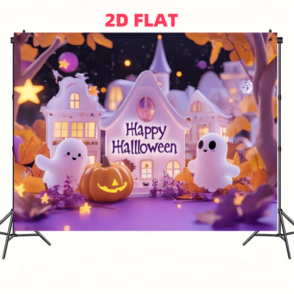 1pc, Halloween Background Fabric, Polyester Fabric. The Background Features Cute Ghosts, Jack-O '-Lanterns, Haunted Houses, Autumn Leaves And The Words "Happy Halloween", Suitable For Halloween Parties And Children's Activities