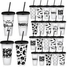 24-Pack Halloween Plastic Cups With Lids And Straws - Reusable 24 Oz Cold Drink Cups For Halloween Party Supplies