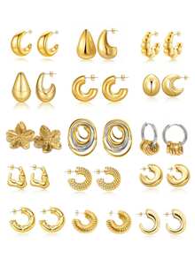 10 Pairs Assorted Gold Color Moon, Teardrop, Flower, Starfish, Seashell Earrings, Suitable For Summer Beach, Valentine's Day, Teacher's Day, Mother's Day, Back To School, Christmas, Halloween, Gifts - Lucky Earrings - View 10