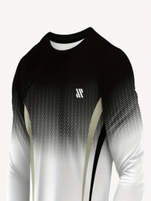 男士休闲运动 3D 印花长袖上衣 - 黑白设计，透气涤纶，圆领 - 可机洗 - 彩色 - 查看 3
