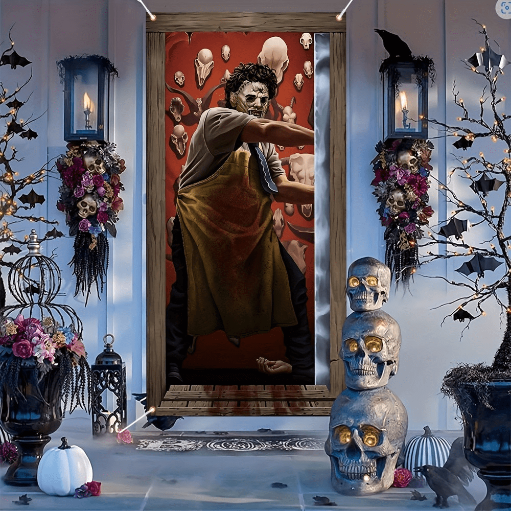 1 stuk 35 x 70 inch horror Halloween deurbanner, polyester materiaal, Halloween portiekbord met bloederig slagerpatroon, hangende banner voor de voordeur met spookhuis, decoratie voor aan de muur