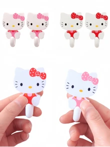 Sanrio 2/4pcs Hello Kitty Adhesive Wall Hooks Contemporary Plastic Utility Hook, Easy Install Wall Mount, Strong Suction Cup No-Trace Hanging For Kitchen And Home