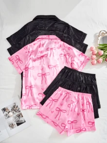 SHARICCA 6pcs Satin Pajama Set For Women, Elegant Print Sleepwear, Lapel Collar Button Front Short Sleeve Shirt And Bowknot Shorts, Soft Comfortable Casual Loungewear - 設定-2 - 查看 2