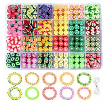 طقم صناعة المجوهرات مع 480 خرزة طينية على شكل فواكه، مجموعة DIY لصناعة اساور وقلائد واقراط وسلاسل مفاتيح، مجموعة إبداعية يدوية فنية، هدية عيد ميلاد لأفضل صديقات وصديقات