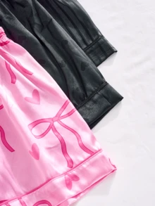 SHARICCA 6pcs Satin Pajama Set For Women, Elegant Print Sleepwear, Lapel Collar Button Front Short Sleeve Shirt And Bowknot Shorts, Soft Comfortable Casual Loungewear - 設定-2 - 查看 6