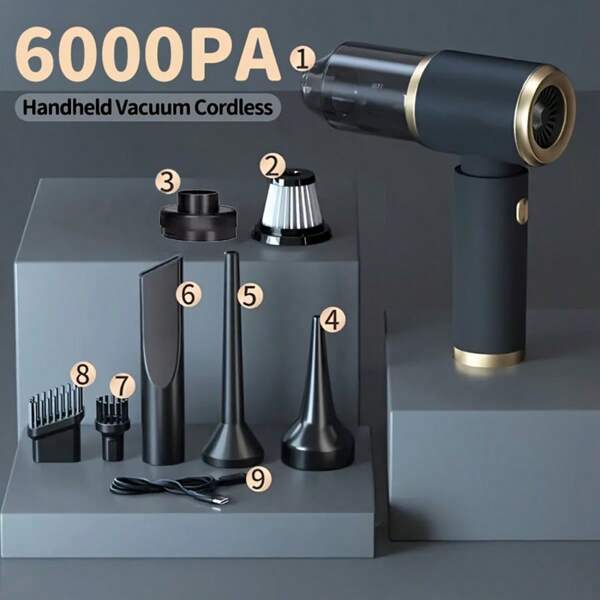 This Car Vacuum Cleaner Gift Set Includes A 6000PA Vacuum Cleaner And 7 Accessories. This Powerful Wireless Vacuum Cleaner Is Suitable For Cars And Homes, With Strong Suction And Protection Functions, Powerful Battery, And High Suction Power