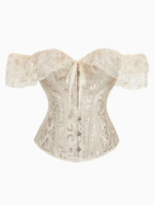 Áo corset ren jacquard hai lớp xếp nếp kiểu cung đình cổ điển, hở vai, thiết kế cài nút phía trước và buộc dây phía sau, thân áo corset thắt eo màu mơ, thích hợp cho tiệc trà Lolita, đám cưới, Halloween. - Màu be - Xem 2