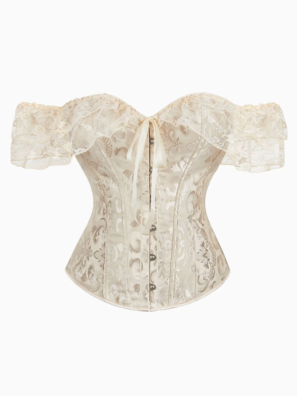Áo corset ren jacquard hai lớp xếp nếp kiểu cung đình cổ điển, hở vai, thiết kế cài nút phía trước và buộc dây phía sau, thân áo corset thắt eo màu mơ, thích hợp cho tiệc trà Lolita, đám cưới, Halloween.