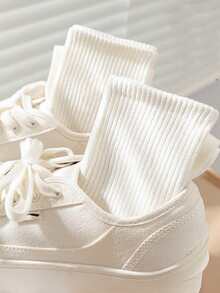 5 Pairs Women's White Cotton Socks With Elastic, Breathable Solid Color Casual Socks For Boots, Sneakers, Sandals, Spring/Summer, Suitable For Campus, Sports, Picnic - White - View 3