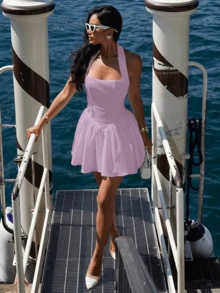 All-White Halterneck Street Sexy Backless Dress Vacation A Hem Slim Frilled Hem Dress - Mauve Purple - View 7