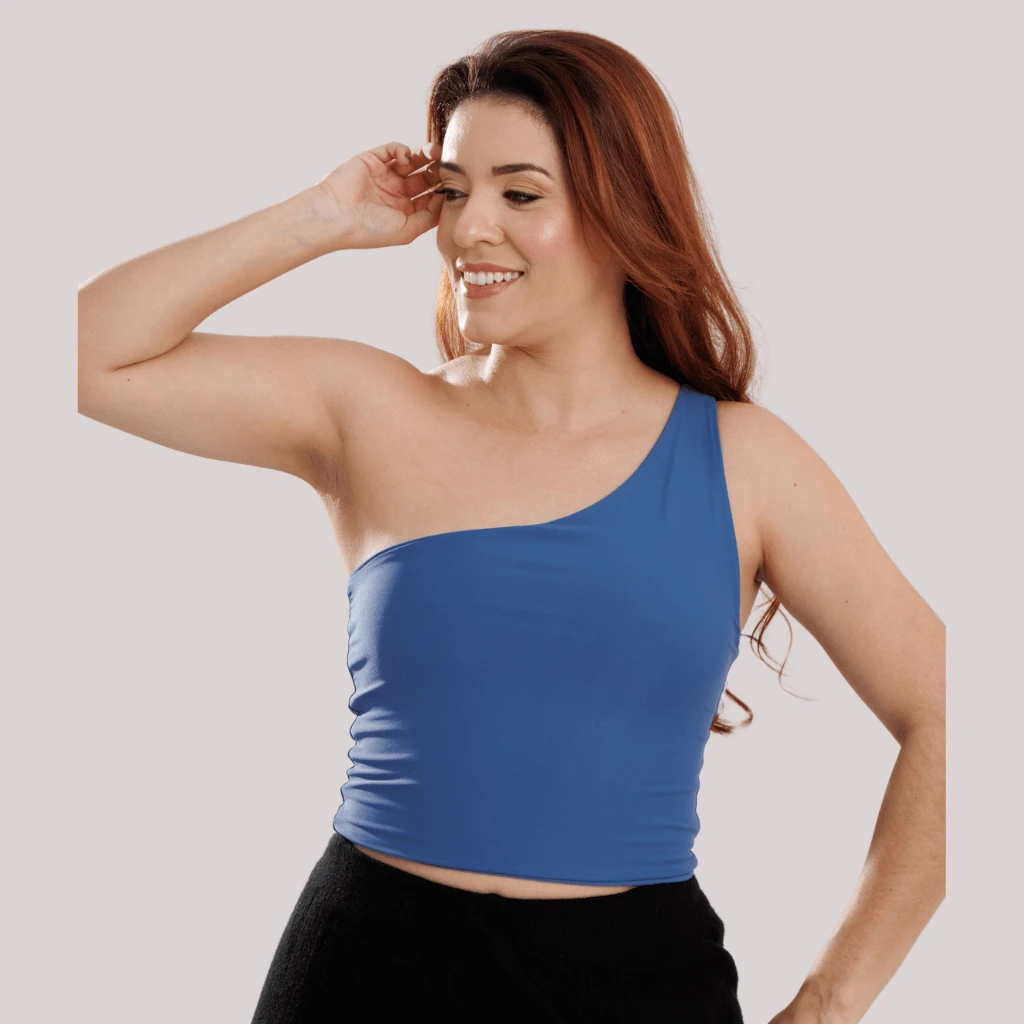 Cropped Top One Shoulder Lined Polyamide High Quality UV50+ Protection Casual Gym - màu xanh da trời - Xem 1