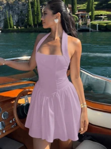All-White Halterneck Street Sexy Backless Dress Vacation A Hem Slim Frilled Hem Dress - Mauve Purple - View 5