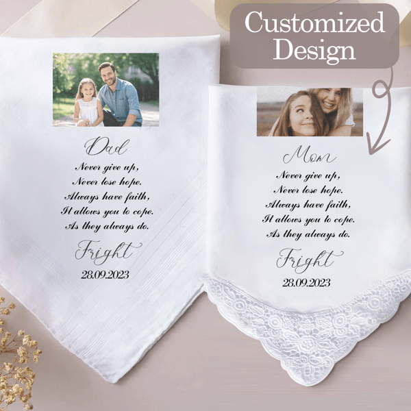 Custom Handkerchief - Personalized Wedding Gift For Bride & Groom, Parents Of Bride/Groom (Dad/Mom) With Any Text - Perfect For Happy Tears, Bridal Shower, Bridesmaids & Groomsmen Keepsakes - Also Great As School Supplies, Teacher/Classroom Gifts (Elementary To University), Office & Dorm Room Essentials - Ideal For All Ages (Teens, College Students, Freshmen) - Unique 'Something Blue' Wedding Day Gift & Sentimental Present For Engaged Couples