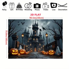 قطعة واحدة، قماش خلفية هالوين، قماش بوليستر. تتميز الخلفية بقلعة مخيفة، قرع القرع، أشباح، غربان، خفافيش، وجو مرعب، مناسب لبيت مسكون بالهالوين وحفلة ذات موضوع رعب