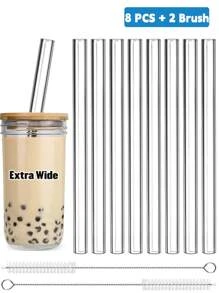 4pcs Glass Boba Straws Reusable, 14mm Extra Wide Glass Straws Shatter Resistant Clear Jumbo For Drinking Bubble Tea, Milkshakes And Smoothies, Straight And Bent With Cleaning Brushes - Clear - View 19