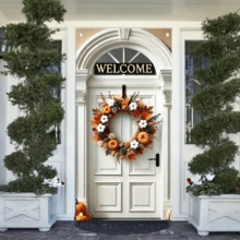 HEGO 1pc Fall Pumpkin Wreath, , Polyester Cotton Pine Cone Harvest Welcome Door Decor, Thanksgiving Theme, Multi-Purpose Indoor/Outdoor, Battery-Free, For Home And Holidays - Multicolor - View 1