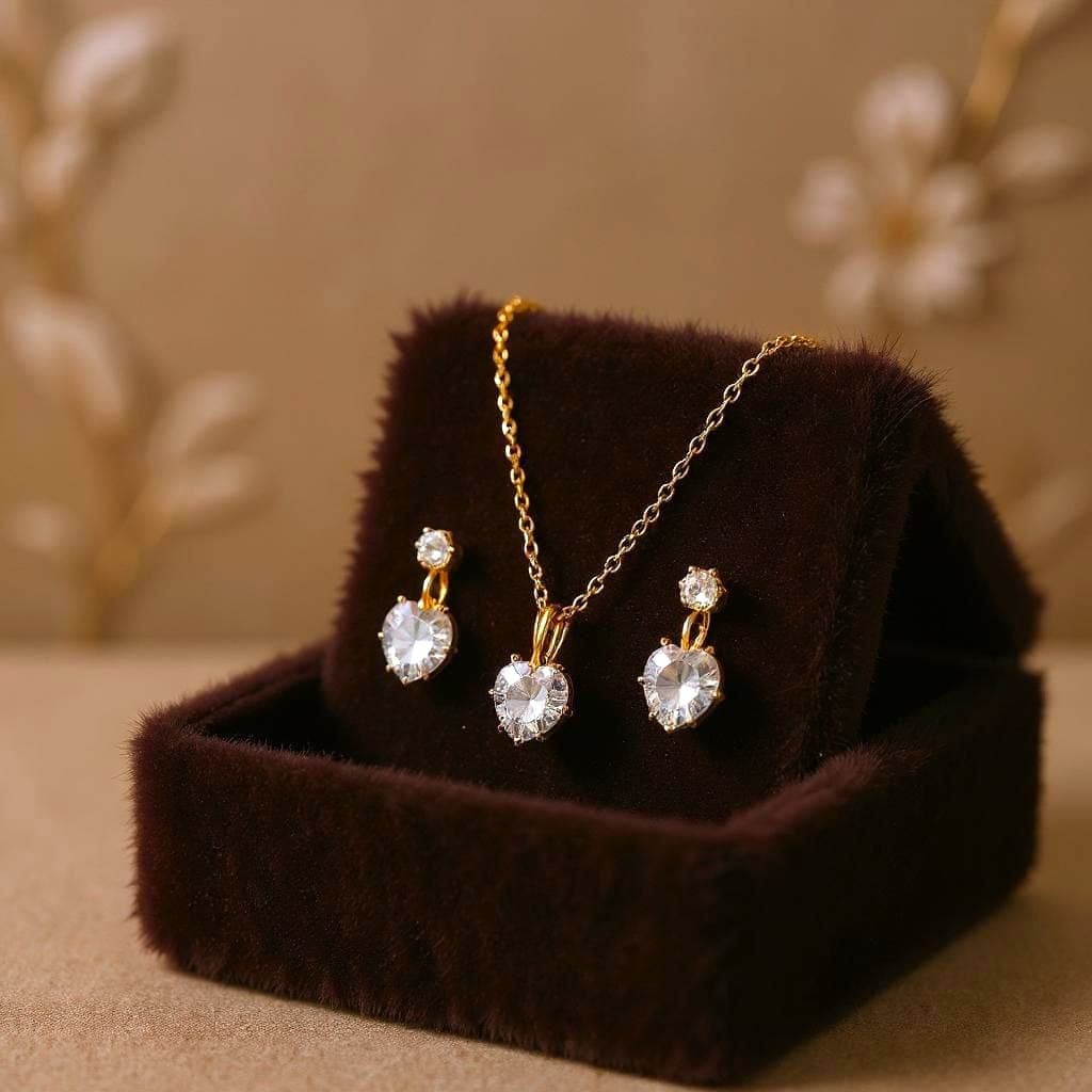 Delicate Silver Plated Zirconia Heart Necklace + Earring Kit For Women - Vàng - Xem 1