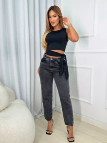 Women's Suplex Crop Top With Lined Side Tie Stylish Women's Blouse - 黑色 - 查看 3