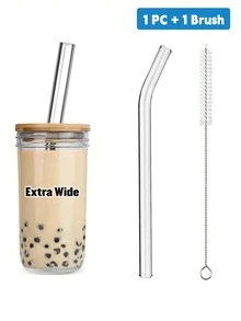 4pcs Glass Boba Straws Reusable, 14mm Extra Wide Glass Straws Shatter Resistant Clear Jumbo For Drinking Bubble Tea, Milkshakes And Smoothies, Straight And Bent With Cleaning Brushes - Clear - View 13