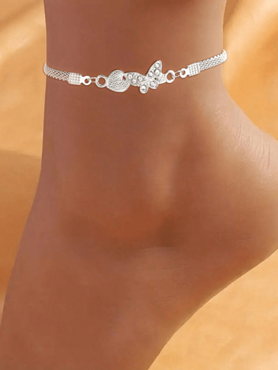 1pc Fashionable & Elegant Bohemian Style Rhinestone Heart & Butterfly Anklet, Gift For Date, Vacation, Beach, Outdoor Activities, Suitable For Daily Wear For Women