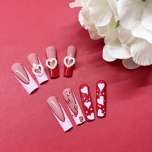 Sweet Pink Heart Bow Nail Art Set – Playful Armor Design With Floral Charm, Delicate Spring-Inspired Manicure For A Feminine Touch  Pink Gradient Press - 粉色 - 查看 6