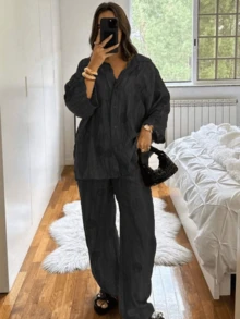 HZXVIC 女款休閒橄欖綠兩件式套裝，領口鈕扣半透上衣搭配綁帶長褲，適合秋季 - 黑色 - 查看 2