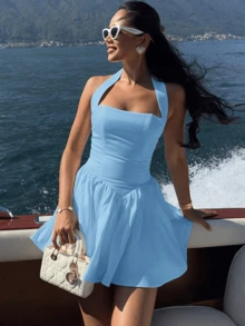 全白露背街头性感露背连衣裙度假A字下摆修身荷叶边下摆连衣裙 - 藍色 - 查看 6