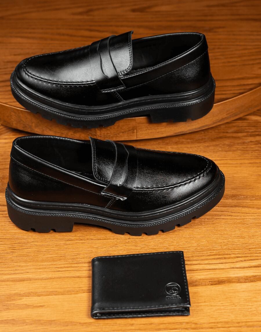 Men's Casual Loafer Shoes Stitched Piettro Work Events Comfortable Kit + Wallet - 黑色 - 查看 1