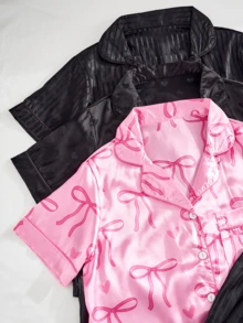 SHARICCA 6pcs Satin Pajama Set For Women, Elegant Print Sleepwear, Lapel Collar Button Front Short Sleeve Shirt And Bowknot Shorts, Soft Comfortable Casual Loungewear - 設定-2 - 查看 3