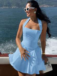 全白露背街头性感露背连衣裙度假A字下摆修身荷叶边下摆连衣裙 - 藍色 - 查看 8