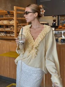 HZXVIC Women's New Autumn Deep V-Neck Top, French Design, Showcasing Fashionable Slim Charm Blouse - Yellow - View 10