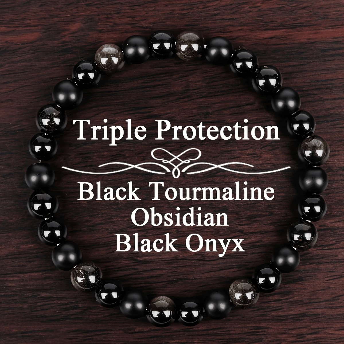 1pc Triple Protection Bracelet - Black Beryl, Golden Black Obsidian, Black Agate, Crystal Bracelet For Emotional Stability And Balance