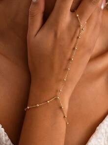 1 件不锈钢珠链连接手指手链，时尚简约珠链手指手背环链，奢华小众高端个性化手饰品适合女孩和女士（珠子数量随机） - 金色 - 查看 1